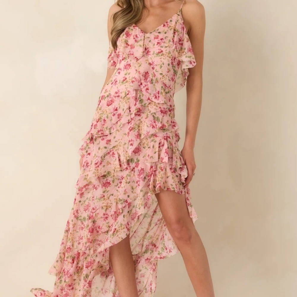 Romantic Pink Floral High-Low Ruffle Dress